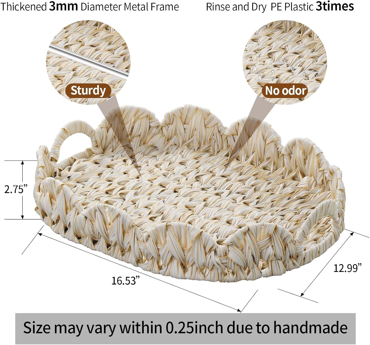 16.5 inch Round Wicker Tray, Boho Decorative Coffee Table Tray,Woven Serving Tray with Handles,Wicker Scallop V1258-DP02-F-950
