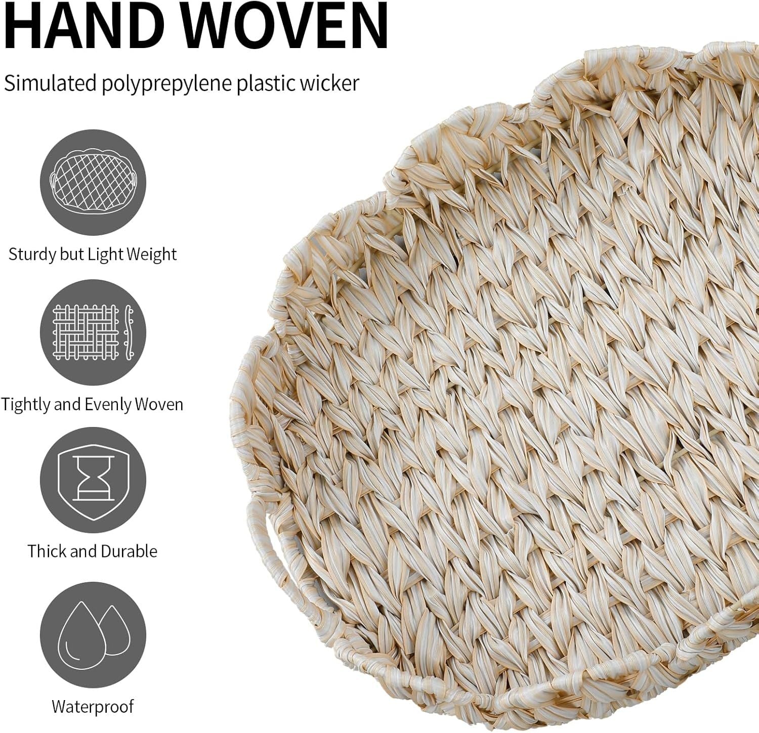 16.5 inch Round Wicker Tray, Boho Decorative Coffee Table Tray,Woven Serving Tray with Handles,Wicker Scallop V1258-DP02-F-950