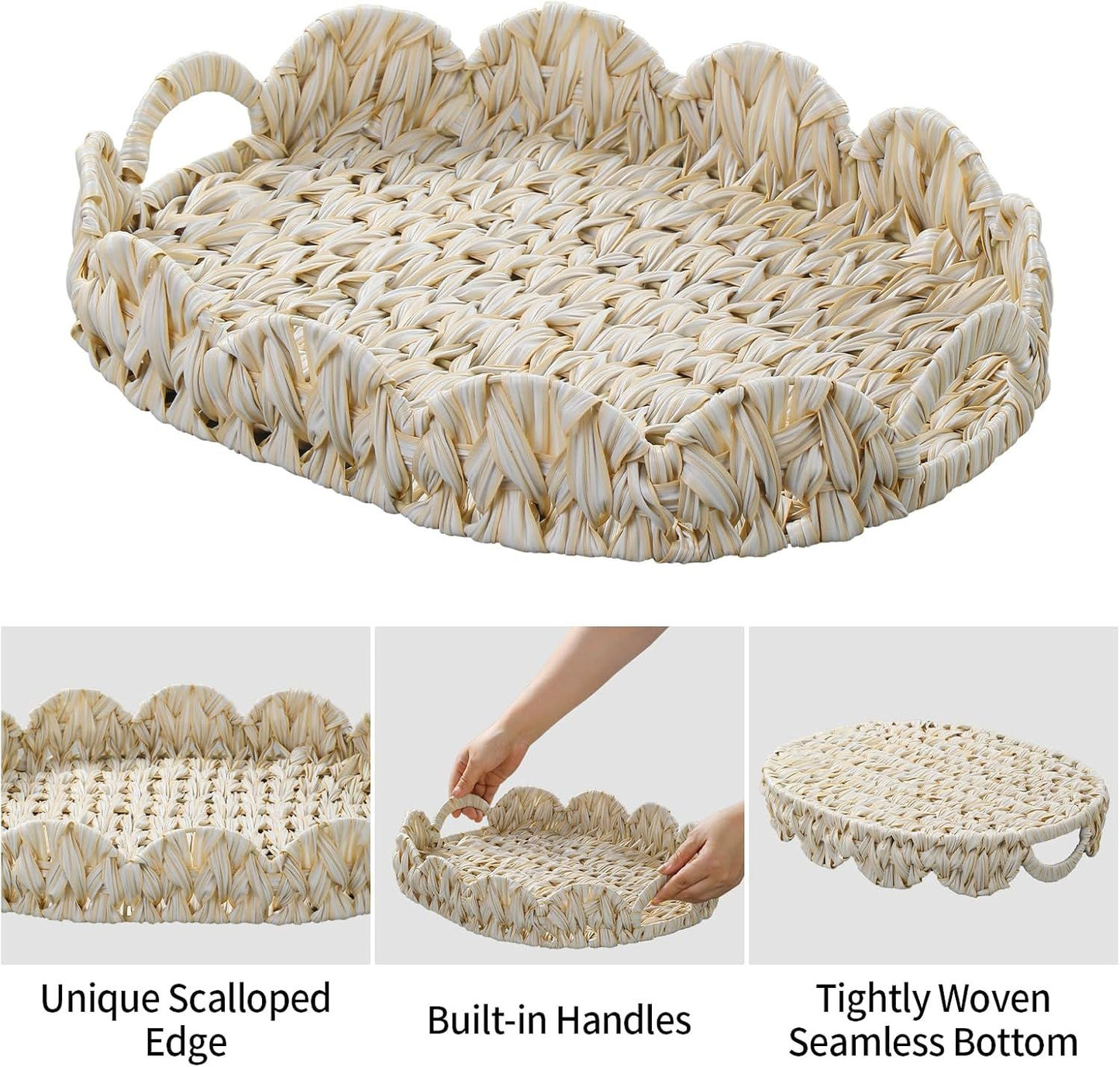 16.5 inch Round Wicker Tray, Boho Decorative Coffee Table Tray,Woven Serving Tray with Handles,Wicker Scallop V1258-DP02-F-950