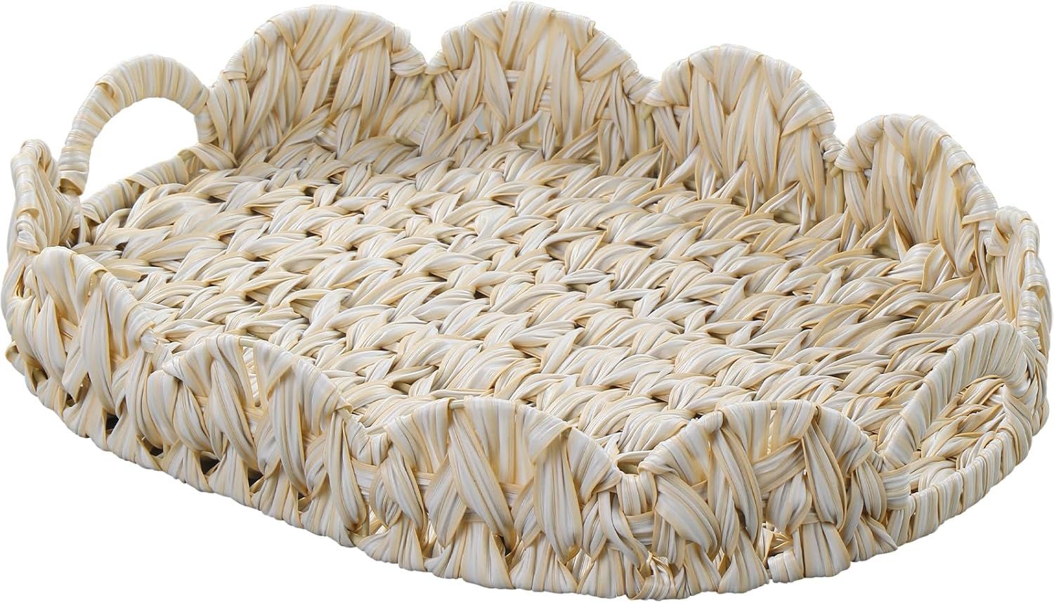 16.5 inch Round Wicker Tray, Boho Decorative Coffee Table Tray,Woven Serving Tray with Handles,Wicker Scallop V1258-DP02-F-950