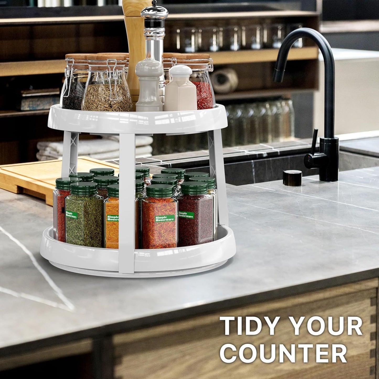 2-Tier Lazy Susan Spice Organizer, 10" Diameter, White/Gray V1258-DP02-F-958