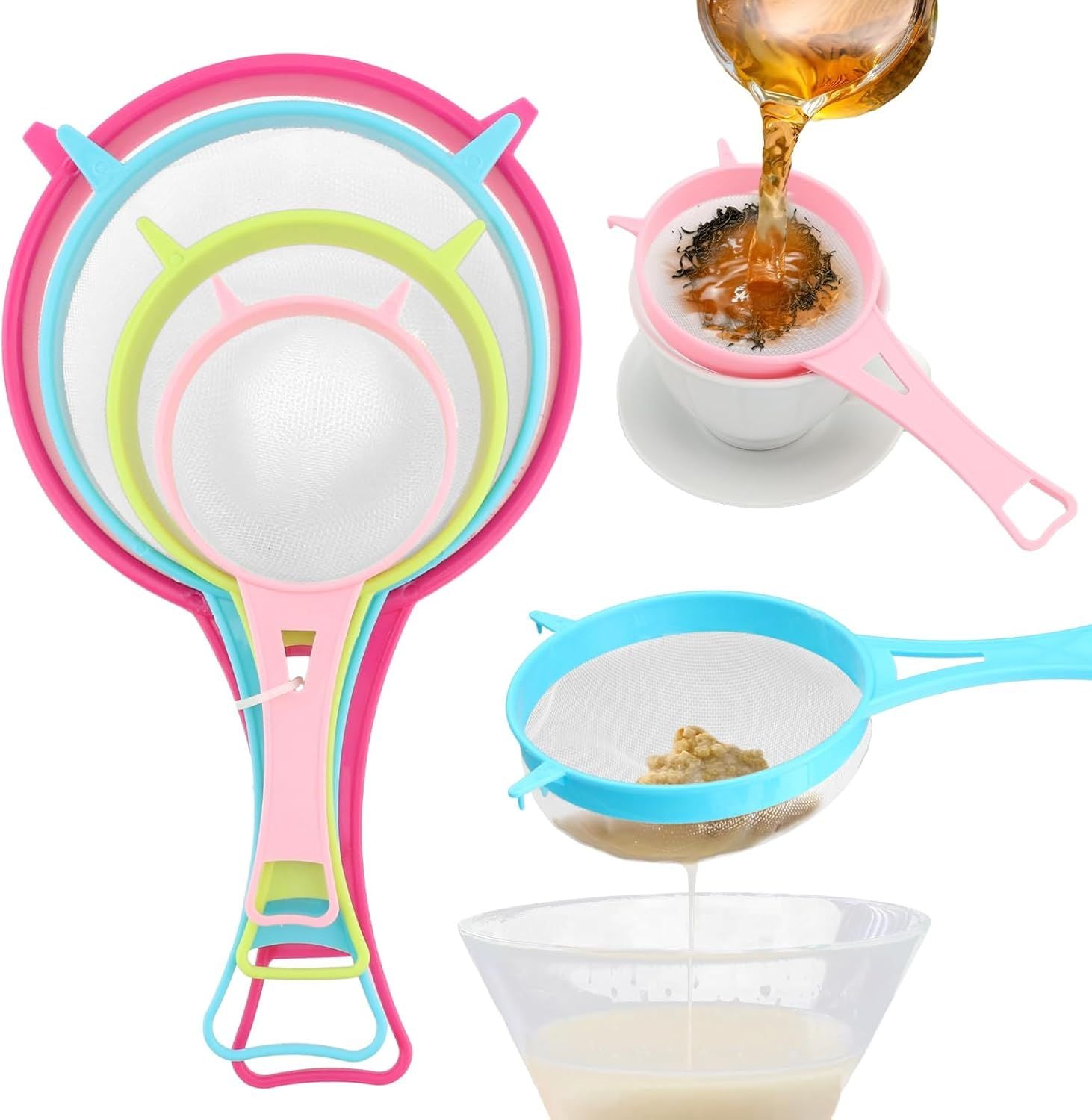 4Pcs Fine Mesh Strainer Set, Solid-Liquid Separator Gadget, Plastic Flour Colander with Non Slip Handles, V1258-DP02-F-962