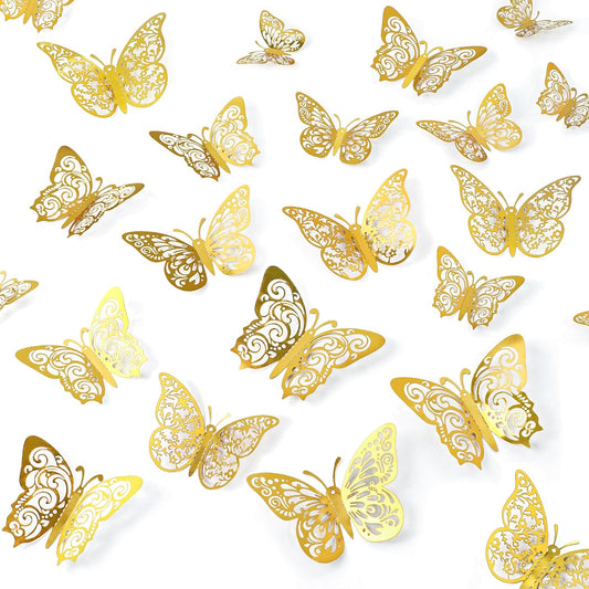 72 Pcs Gold Butterfly Decorations, 3 Sizes 3 Styles, 3D Butterfly Wall Decor, Party Decorations, Birthday V1258-DP02-WO-1001
