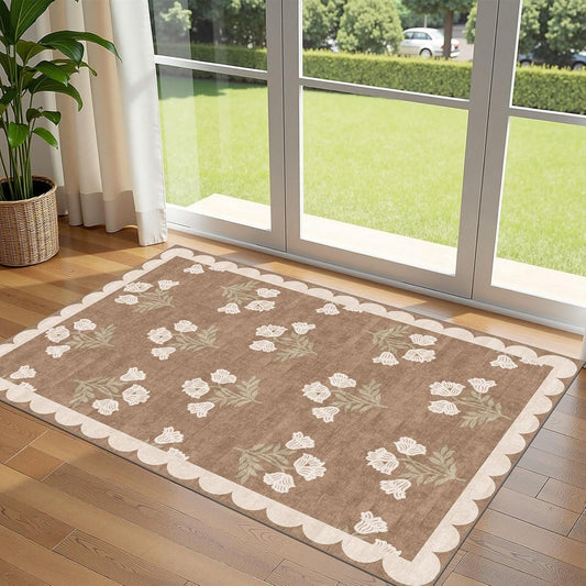 3x5 Floral Entry Rug - Small Washable Indoor Outdoor Mats for Front Door Non-Slip Porch Rug Tan Boho Neutral V1258-DP02-WO-1007
