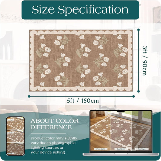 3x5 Floral Entry Rug - Small Washable Indoor Outdoor Mats for Front Door Non-Slip Porch Rug Tan Boho Neutral V1258-DP02-WO-1007