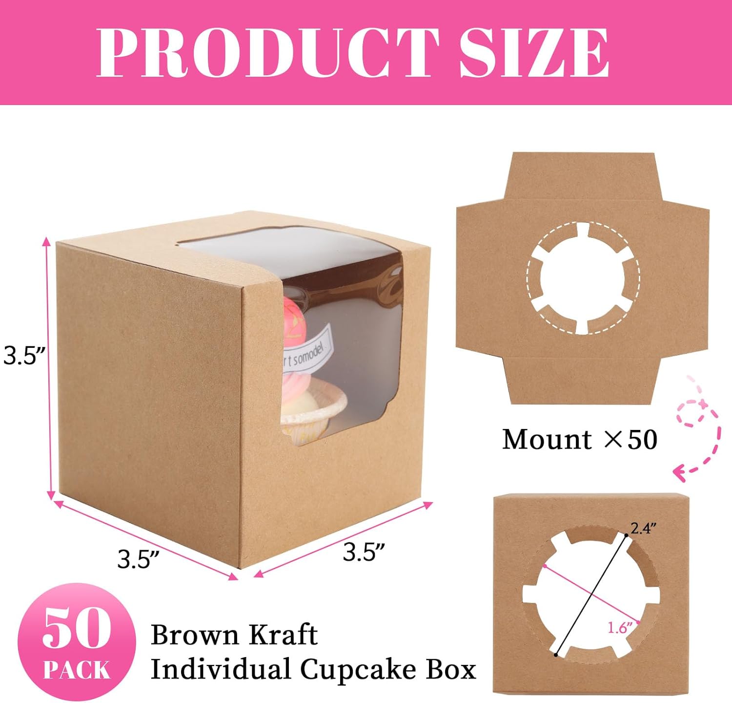 50 Pcs Cupcake Boxes Individual Cupcake Containers Pre-Assembled Single Cupcake Boxes 3.5"x3.5"x3.5" with 50 V1258-DP02-WO-101