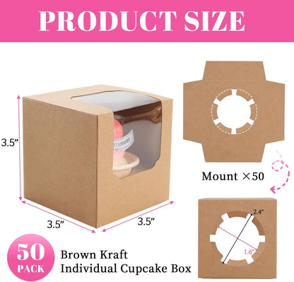 50 Pcs Cupcake Boxes Individual Cupcake Containers Pre-Assembled Single Cupcake Boxes 3.5"x3.5"x3.5" with 50 V1258-DP02-WO-101