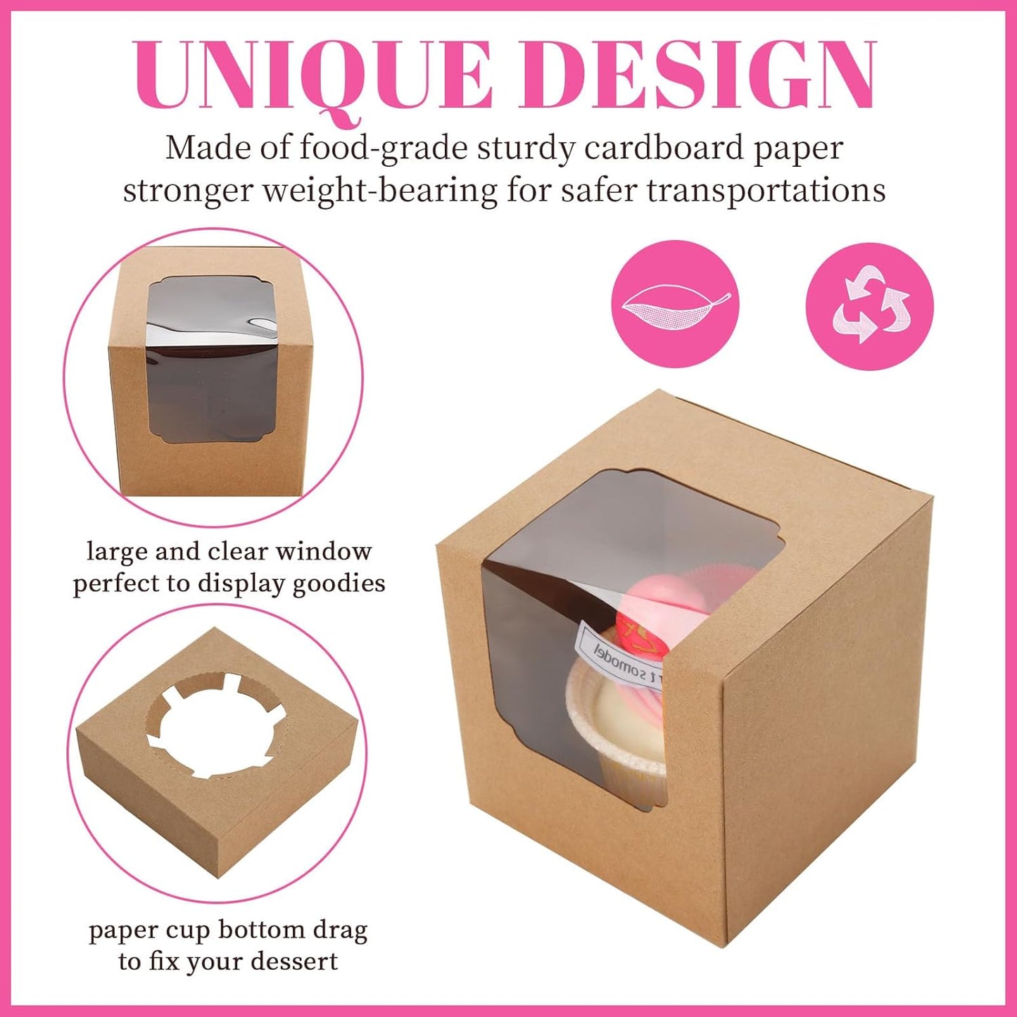 50 Pcs Cupcake Boxes Individual Cupcake Containers Pre-Assembled Single Cupcake Boxes 3.5"x3.5"x3.5" with 50 V1258-DP02-WO-101