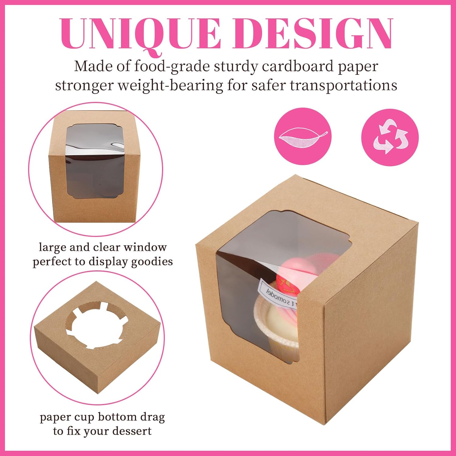 50 Pcs Cupcake Boxes Individual Cupcake Containers Pre-Assembled Single Cupcake Boxes 3.5"x3.5"x3.5" with 50 V1258-DP02-WO-101