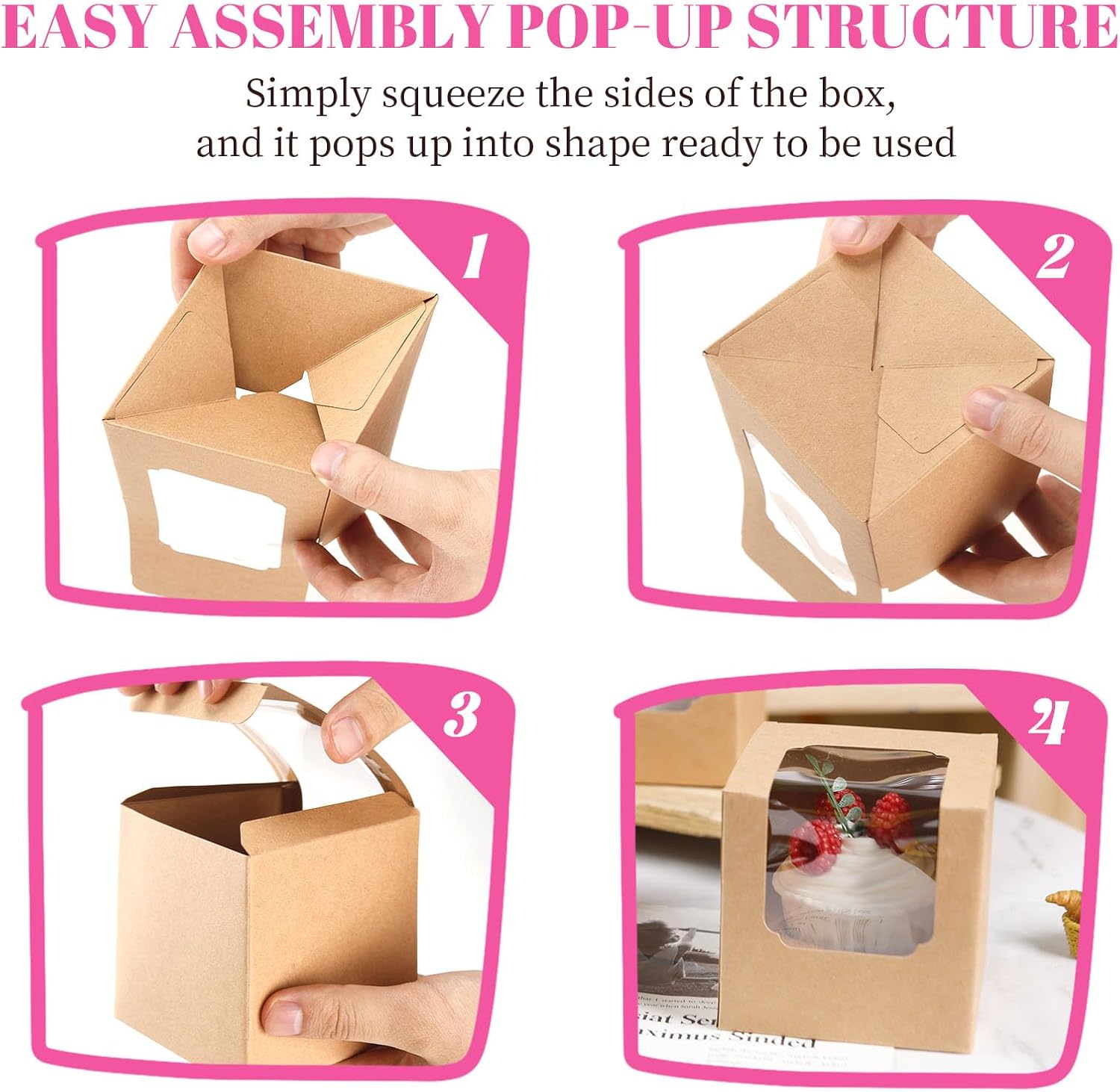 50 Pcs Cupcake Boxes Individual Cupcake Containers Pre-Assembled Single Cupcake Boxes 3.5"x3.5"x3.5" with 50 V1258-DP02-WO-101