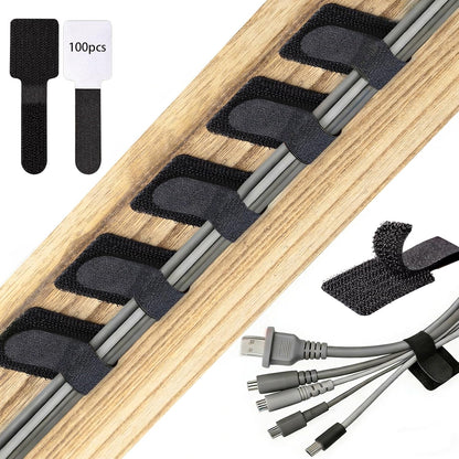 100 Pcs Hook and Loop Cable Ties, Self Adhesive Cable Management Desktop Cable Straps, Adjustable Cord V1258-DP02-WO-1011