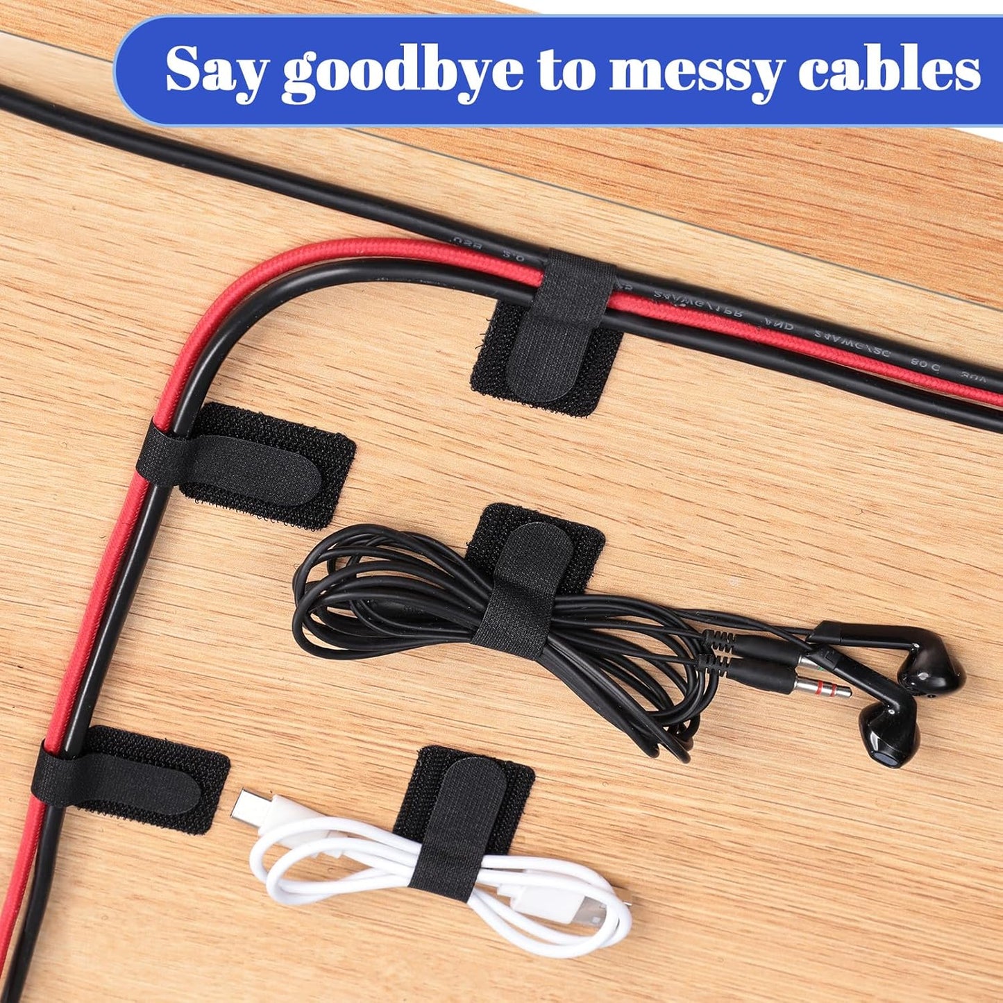 100 Pcs Hook and Loop Cable Ties, Self Adhesive Cable Management Desktop Cable Straps, Adjustable Cord V1258-DP02-WO-1011