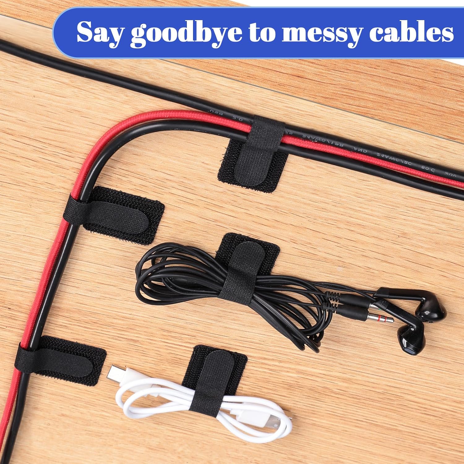 100 Pcs Hook and Loop Cable Ties, Self Adhesive Cable Management Desktop Cable Straps, Adjustable Cord V1258-DP02-WO-1011
