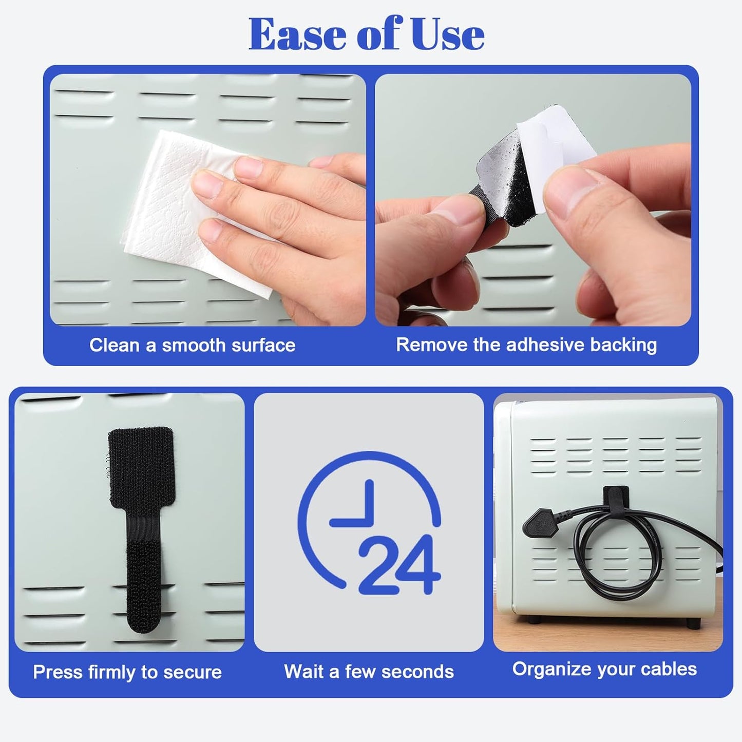 100 Pcs Hook and Loop Cable Ties, Self Adhesive Cable Management Desktop Cable Straps, Adjustable Cord V1258-DP02-WO-1011