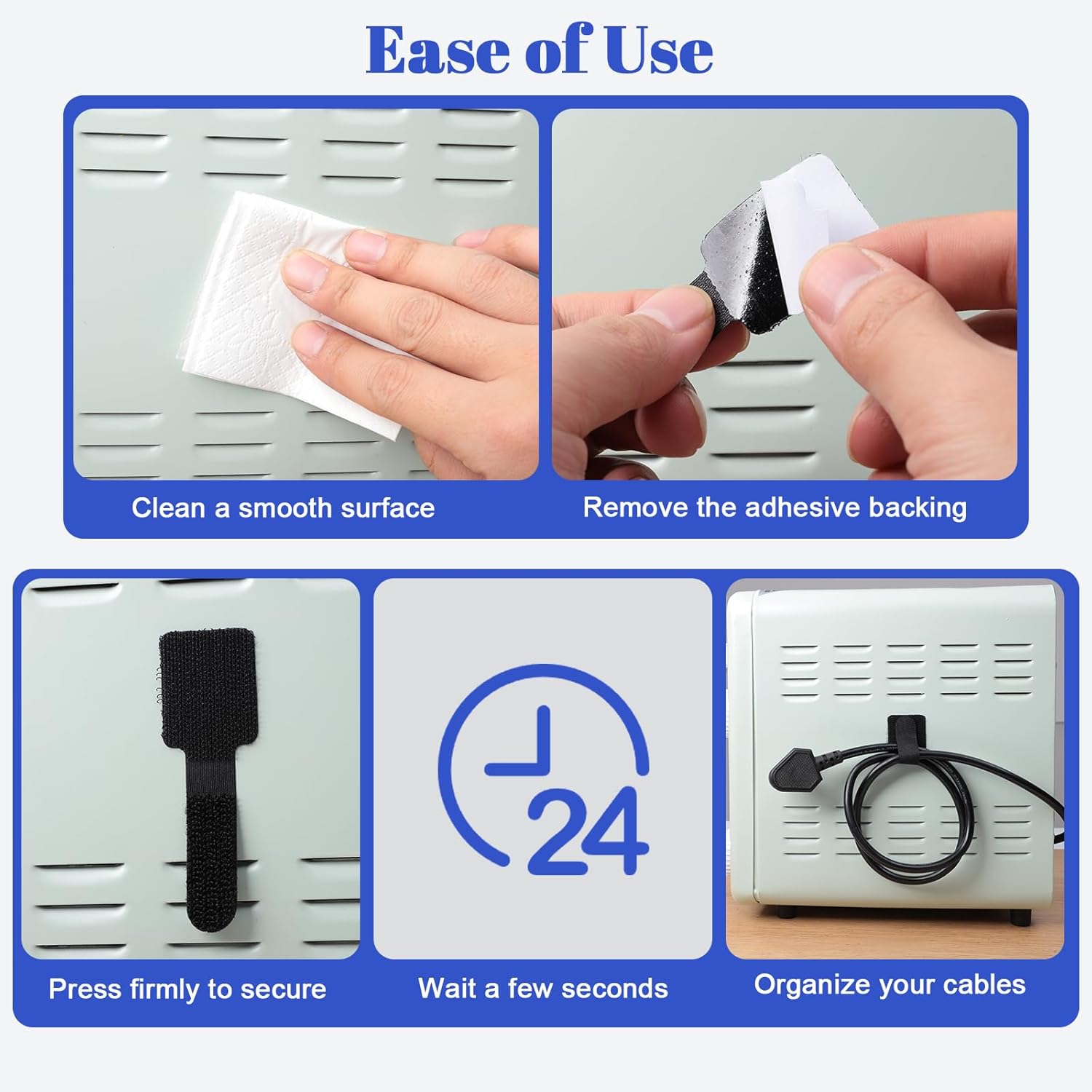 100 Pcs Hook and Loop Cable Ties, Self Adhesive Cable Management Desktop Cable Straps, Adjustable Cord V1258-DP02-WO-1011