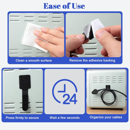 100 Pcs Hook and Loop Cable Ties, Self Adhesive Cable Management Desktop Cable Straps, Adjustable Cord V1258-DP02-WO-1011