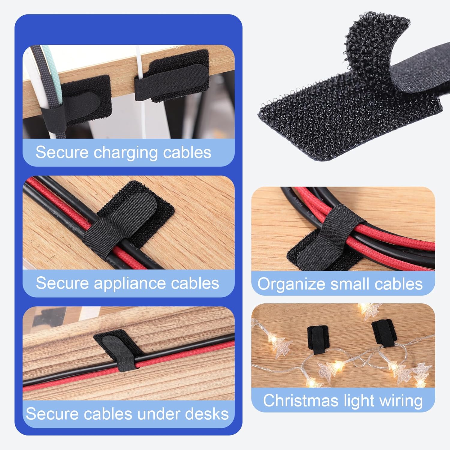 100 Pcs Hook and Loop Cable Ties, Self Adhesive Cable Management Desktop Cable Straps, Adjustable Cord V1258-DP02-WO-1011
