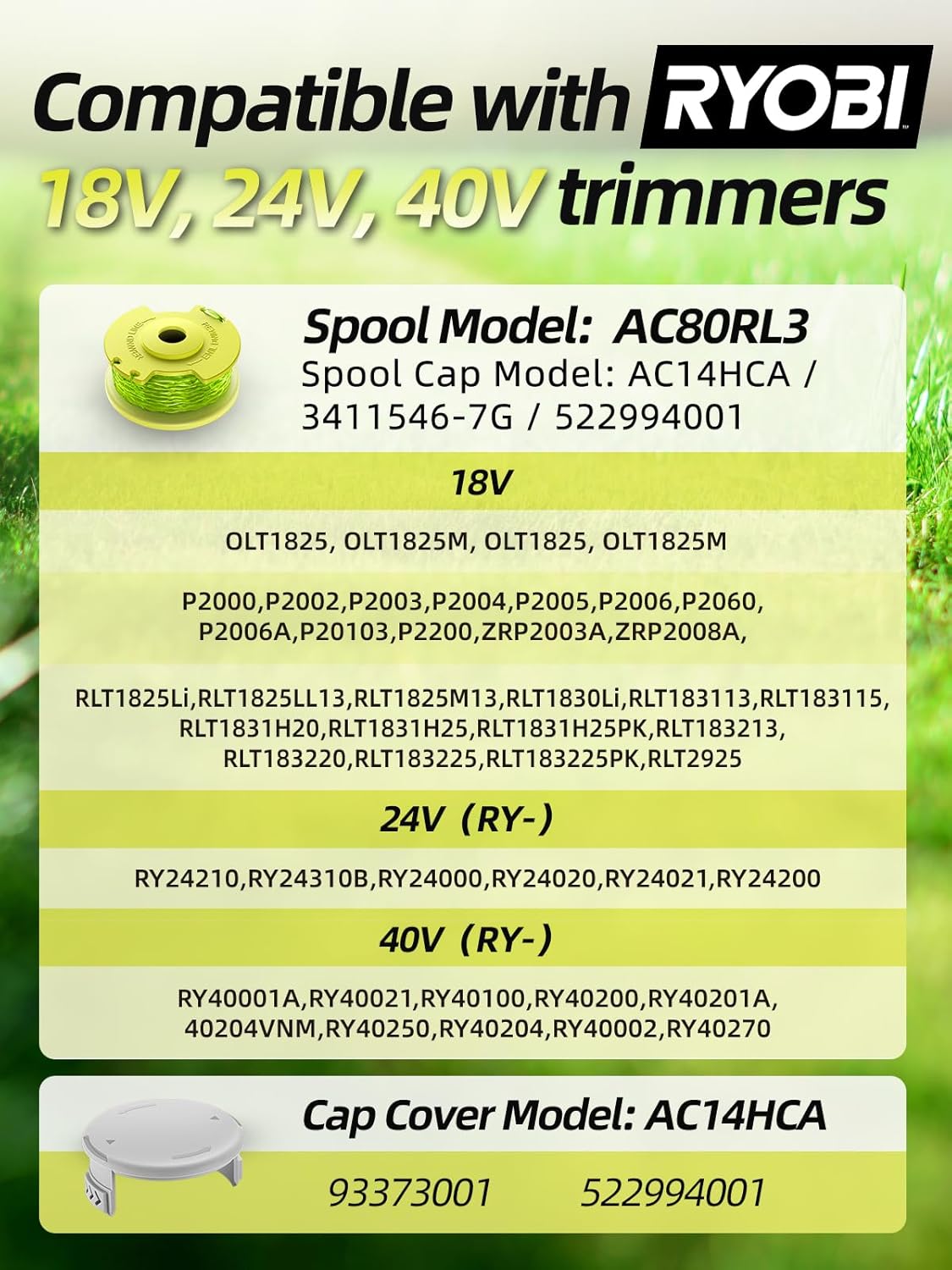 Trimmer String for Ryobi One Plus+ AC80RL3,11 FT/0.080-Inch, Spool Replacement Compatible with Ryobi 18v, V1258-DP02-WO-1026