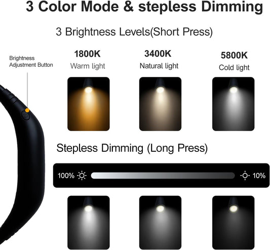 LED Rechargeable Neck Reading Light, Suitable for Reading Books with 3 Color Temperatures, 90 Hour V1258-DP02-WO-1031
