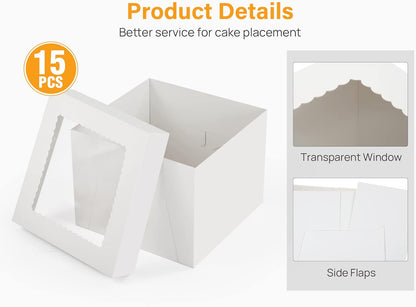 15pcs Cake Boxes, 10x10x8 Inches Tall Cake Box with Window, White Bakery Boxes, Large Baking Boxes, Square V1258-DP02-WO-1037