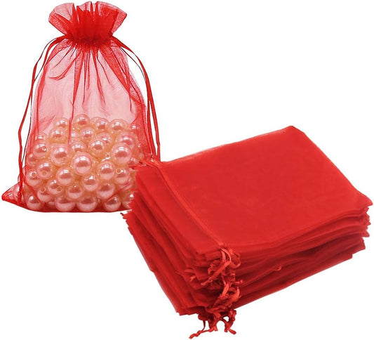 Organza Bags Red 100pcs, 5 x 7 inches Christmas Gift Drawstring Bags Mesh Jewelry Pouches for Wedding Party V1258-DP02-WO-1056