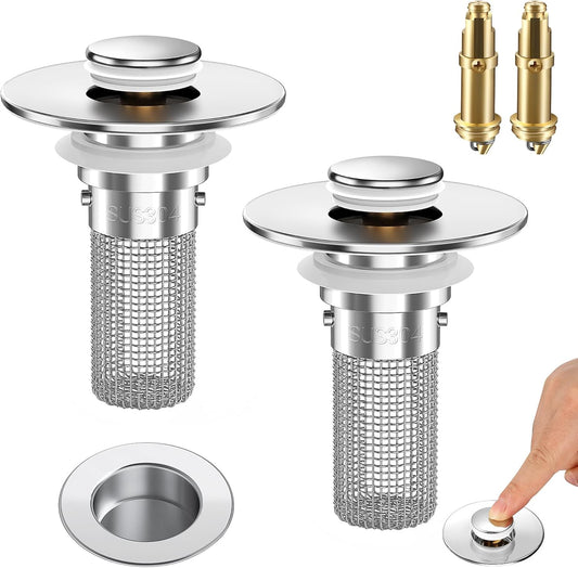 2PCS Bathroom Sink Stopper Strainer, Pop-Up Bathroom Sink Drain Strainer with Removable Stainless Steel Hair V1258-DP02-WO-1059
