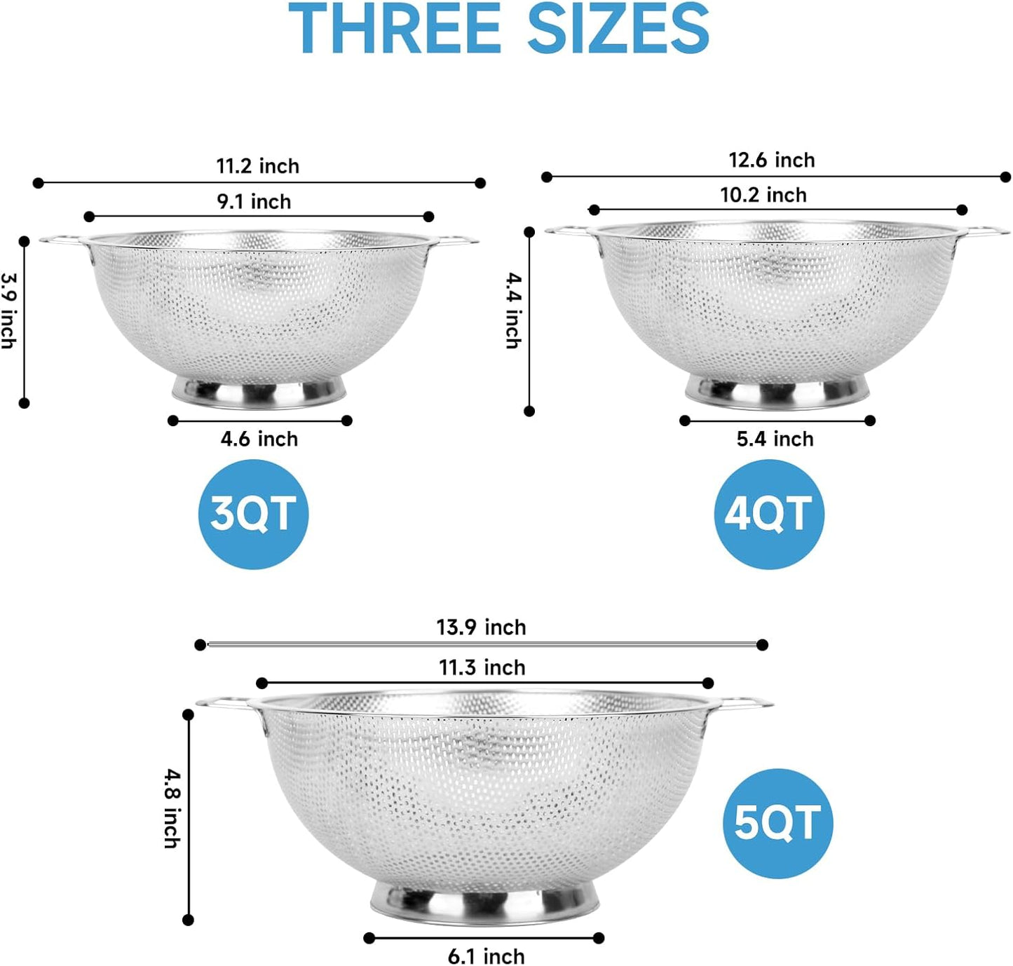 Colander for Kitchen, 3QT, Stainless Steel Colander Strainer with Handle for Fruits Vegetables Cooking Food, V1258-DP02-WO-1061