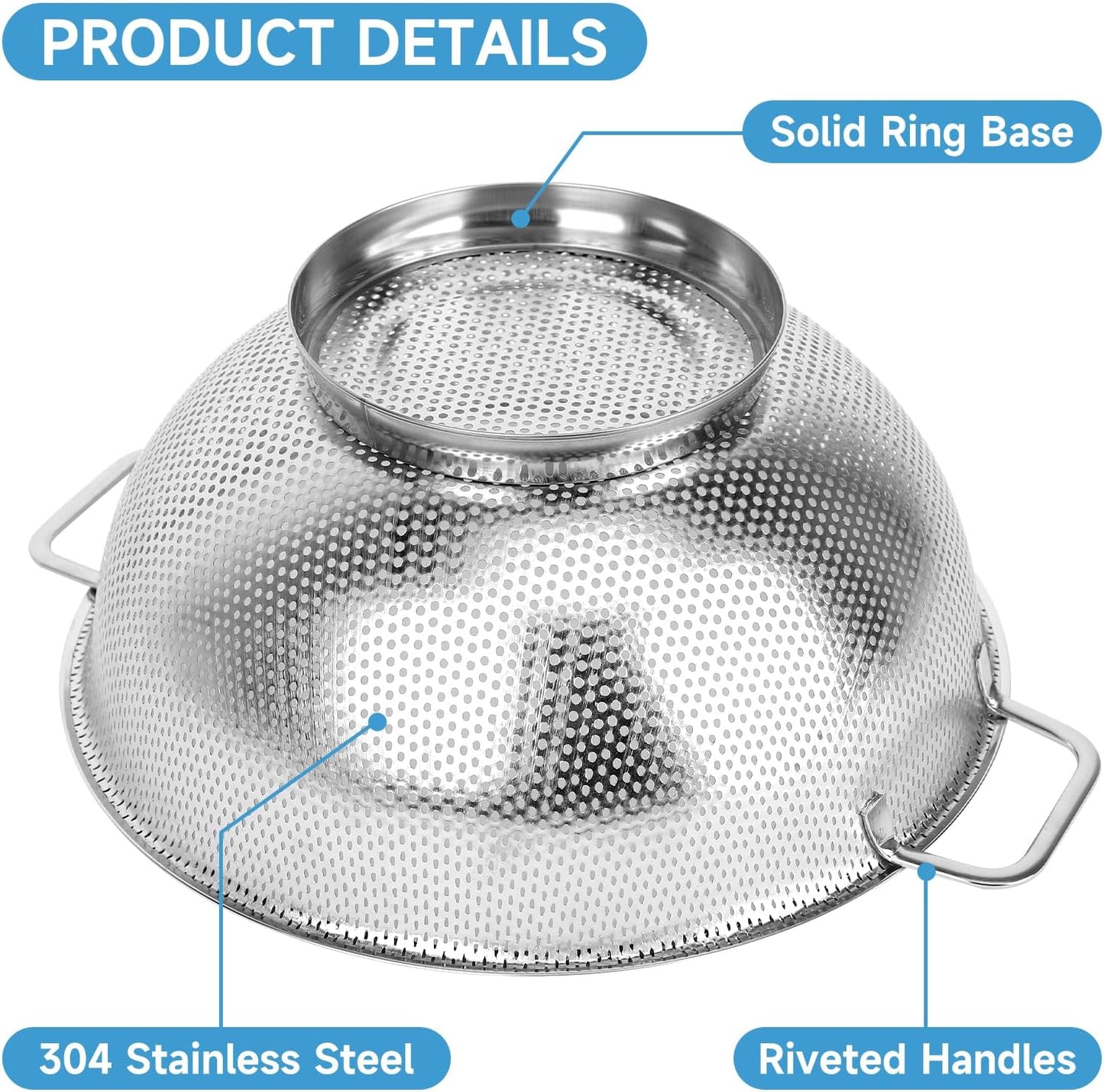 Colander for Kitchen, 3QT, Stainless Steel Colander Strainer with Handle for Fruits Vegetables Cooking Food, V1258-DP02-WO-1061