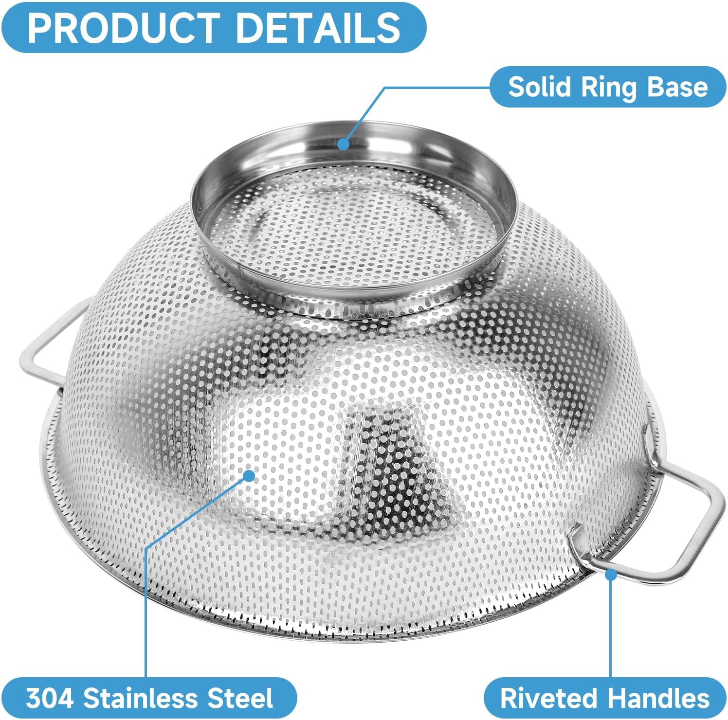 Colander for Kitchen, 3QT, Stainless Steel Colander Strainer with Handle for Fruits Vegetables Cooking Food, V1258-DP02-WO-1061