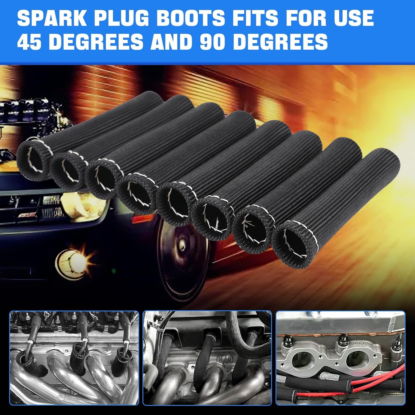 Spark Plug Wire Heat Shield Sleeve 2500 degrees Spark Plug Boot Protector Boots Wrap for SBC BBC 350 454 8PCS V1258-DP02-WO-1070