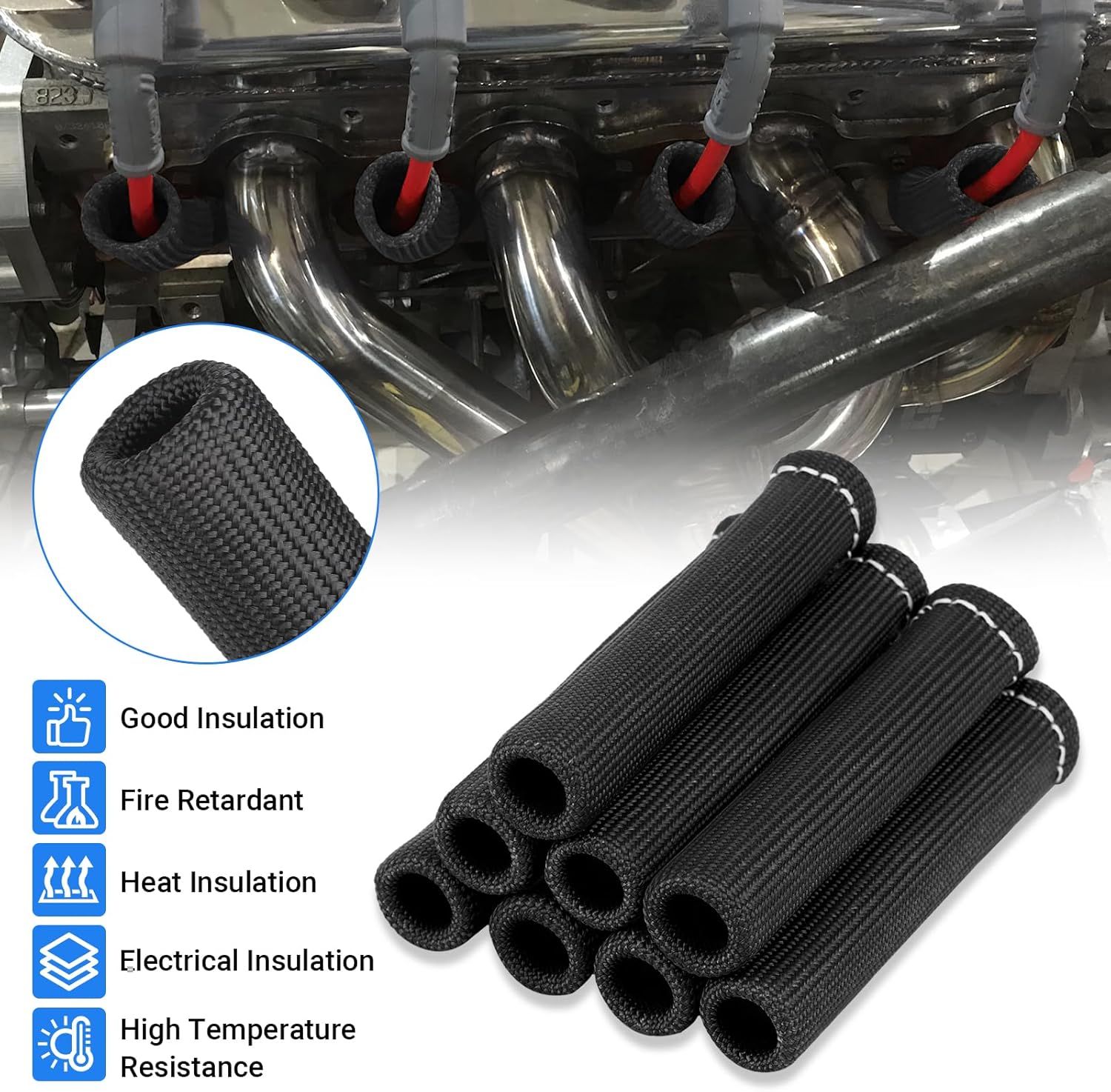 Spark Plug Wire Heat Shield Sleeve 2500 degrees Spark Plug Boot Protector Boots Wrap for SBC BBC 350 454 8PCS V1258-DP02-WO-1070