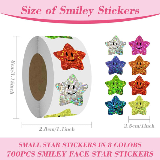 700Pcs Smiley Face Star Stickers for Kids Reward,1inch 8 Colored Sparkly Foil Star Stickers for Student V1258-DP02-WO-1076