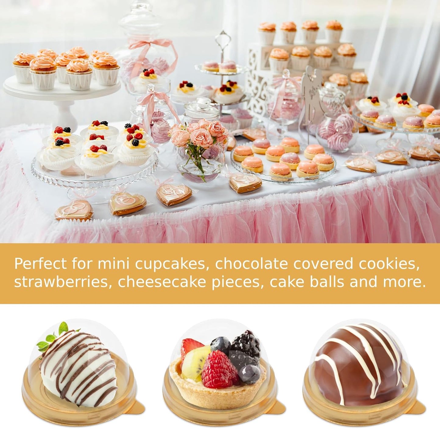 50 Pack Mini Cake Containers, Clear Plastic Small Cupcake Boxes with Dome Lids for Individual Chocolate V1258-DP02-WO-1086