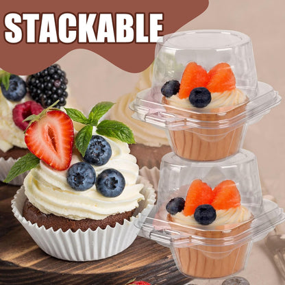 50 Pcs Cupcake Boxes Plastic Individual Cupcake Containers Single Cupcake Carrier with Connected Airtight V1258-DP02-WO-1093