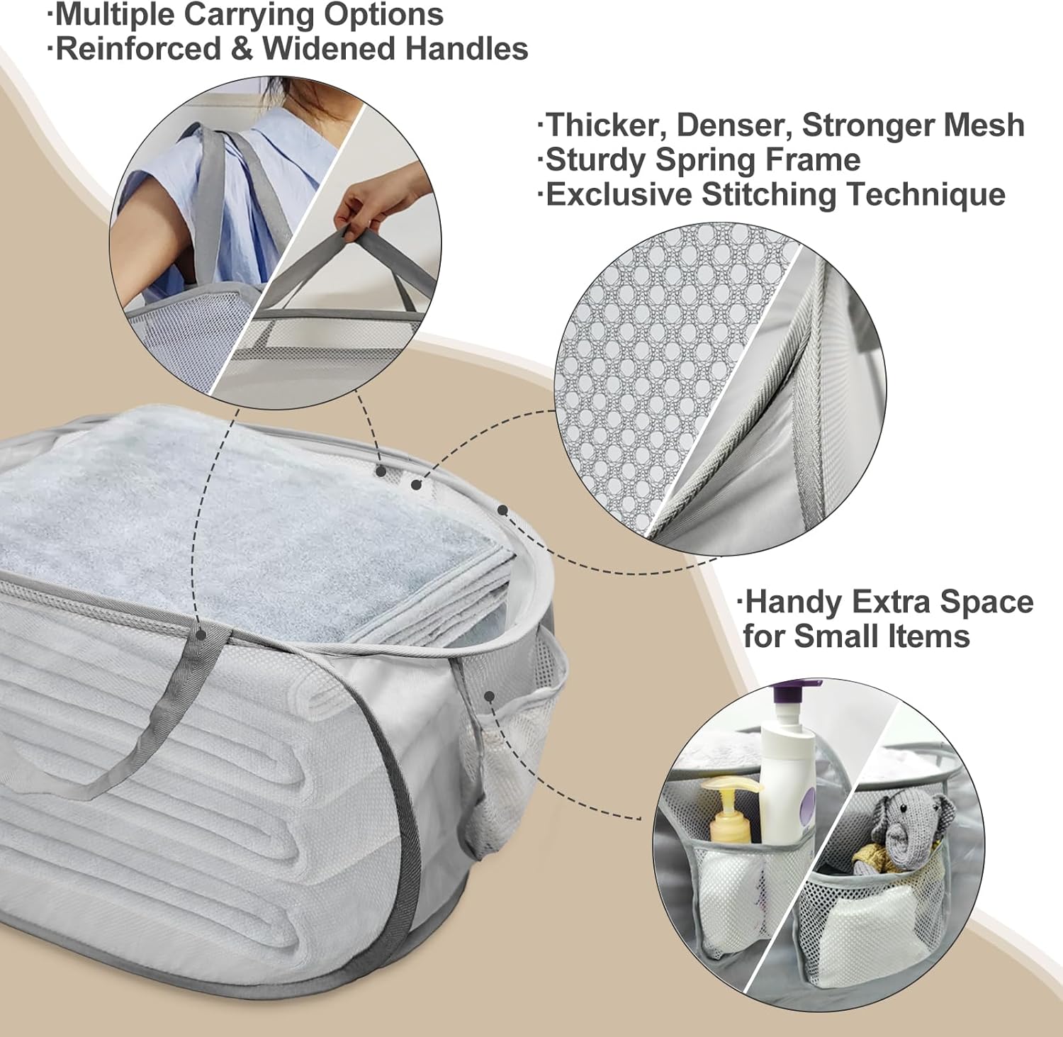 Upgraded Collapsible Laundry Baskets, Durable Pop Up Laundry Hamper, 4th Generation Mesh Laundry Bags with V1258-DP02-WO-1096