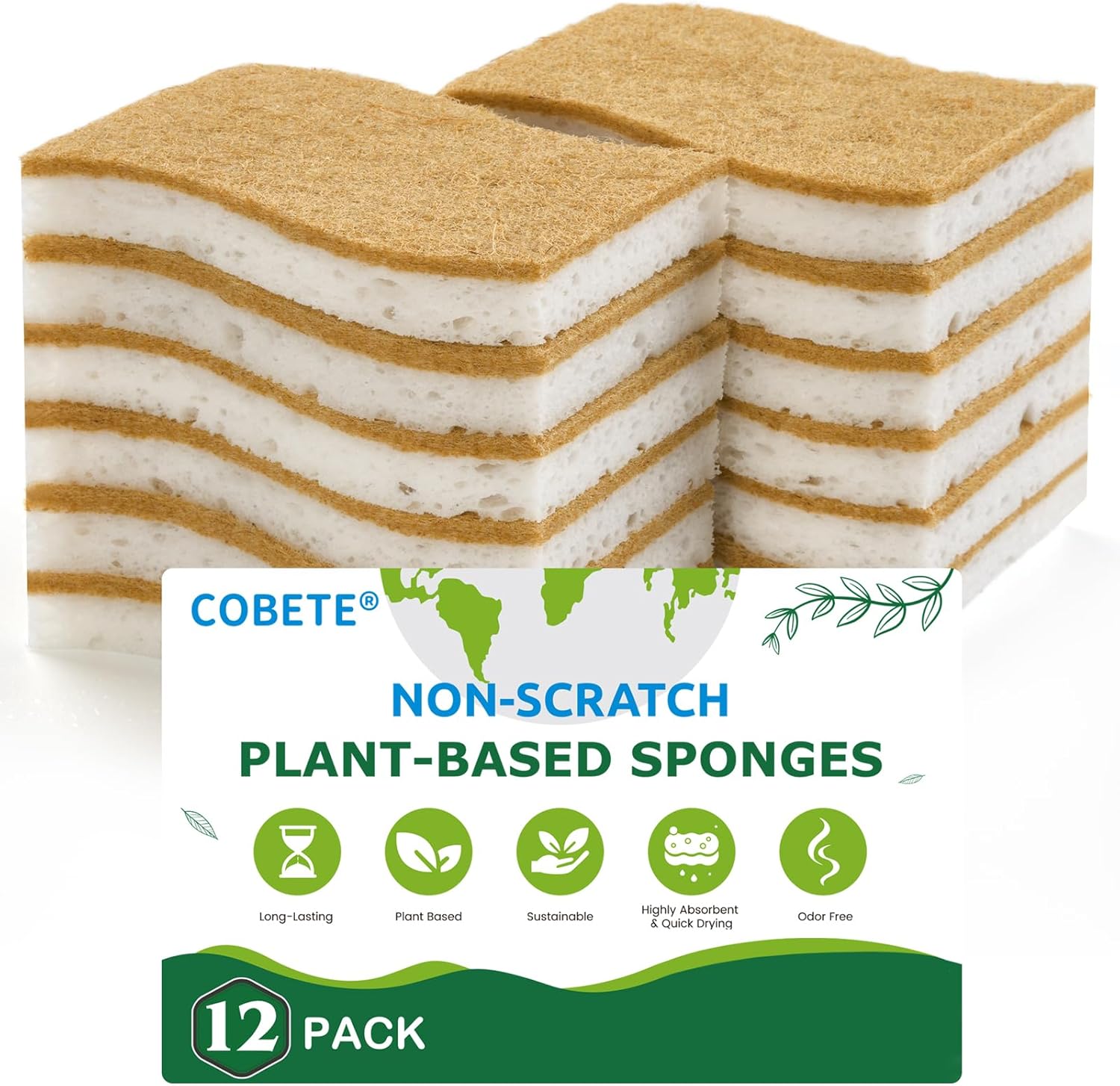 12 Pack Natural Biodegradable Kitchen Non Scratch Sponges,Compostable Plant Based Coconut Cellulose V1258-DP02-WO-1111