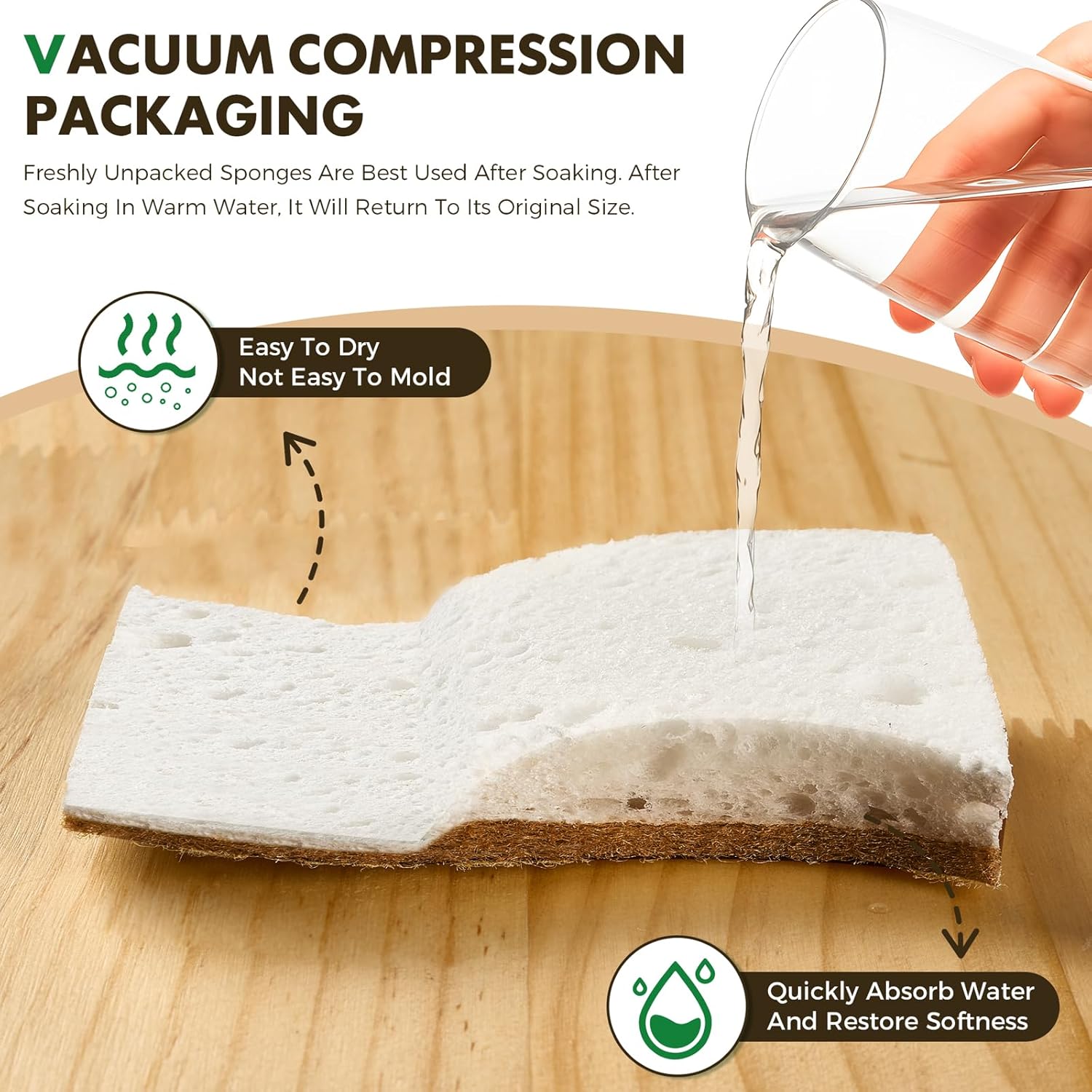 12 Pack Natural Biodegradable Kitchen Non Scratch Sponges,Compostable Plant Based Coconut Cellulose V1258-DP02-WO-1111