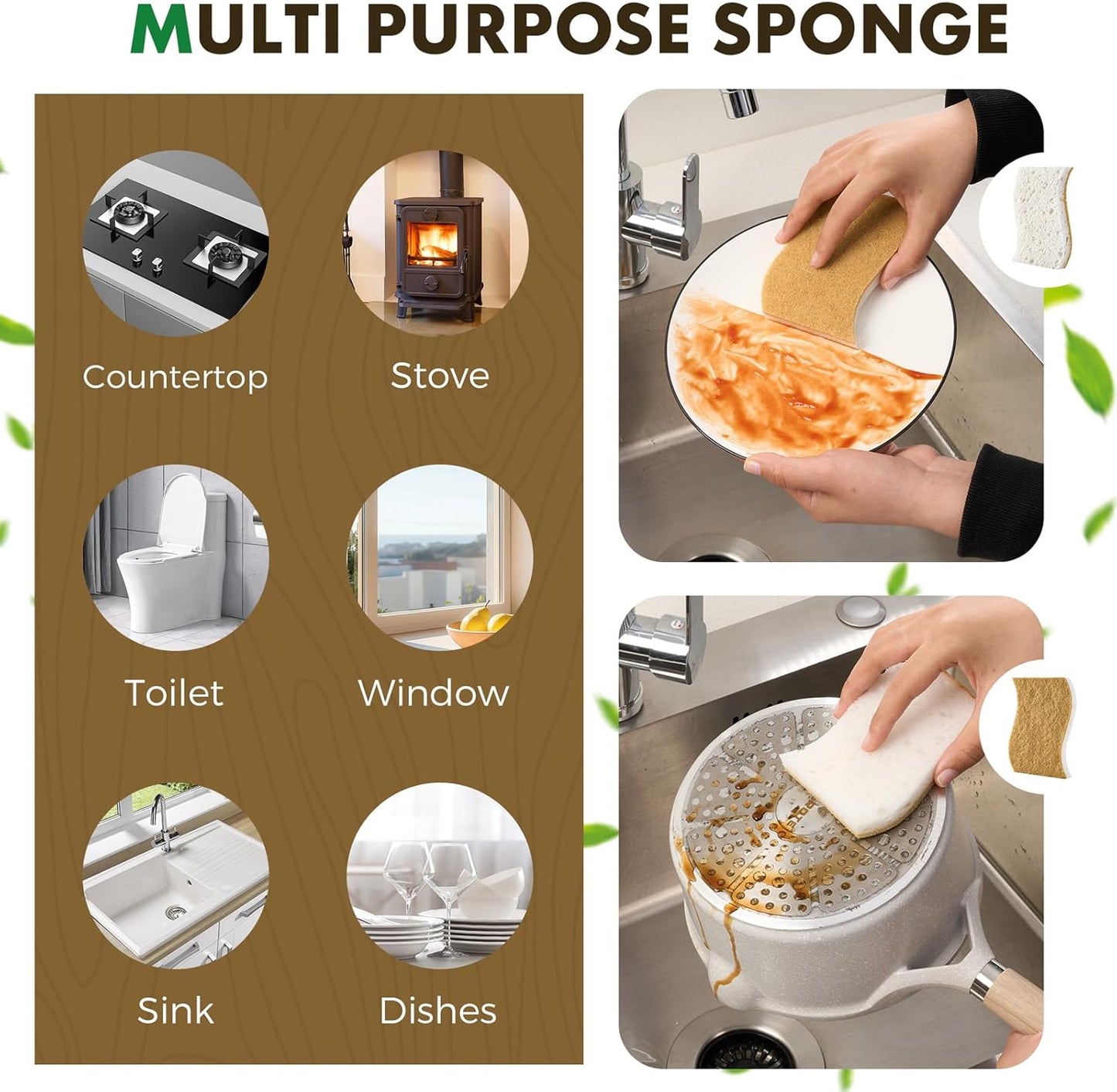 12 Pack Natural Biodegradable Kitchen Non Scratch Sponges,Compostable Plant Based Coconut Cellulose V1258-DP02-WO-1111