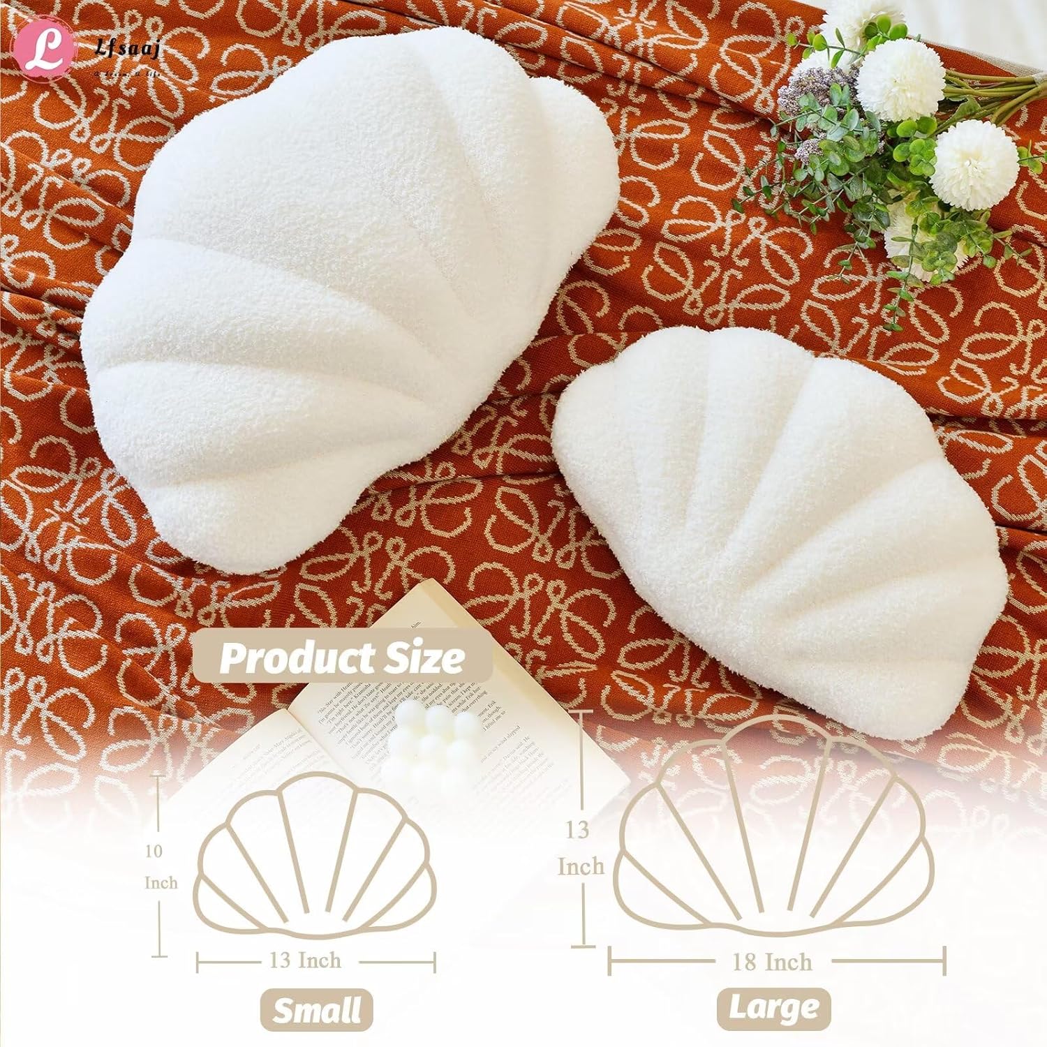 Ivory Seashell Throw Pillows, Shell Shaped Throw Pillows, 13 Inch Soft Home Decorative Pillow Plush Cushion V1258-DP02-WO-115
