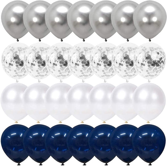 Navy Blue and Silver Confetti Balloons 50 pcs, 12 inch White Pearl and Silver Metallic Chrome Party Balloons V1258-DP02-WO-120
