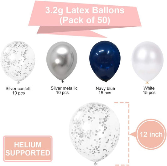 Navy Blue and Silver Confetti Balloons 50 pcs, 12 inch White Pearl and Silver Metallic Chrome Party Balloons V1258-DP02-WO-120