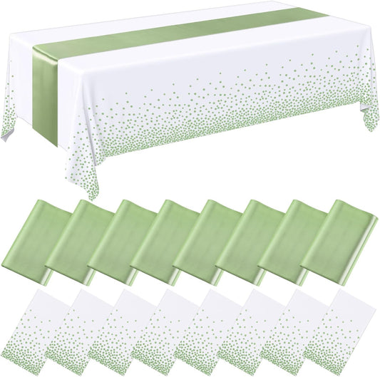 16 Pcs White and Sage Green Disposable Plastic Tablecloths and Satin Table Runner Set 54x108 Inch Tablecloth V1258-DP02-WO-123