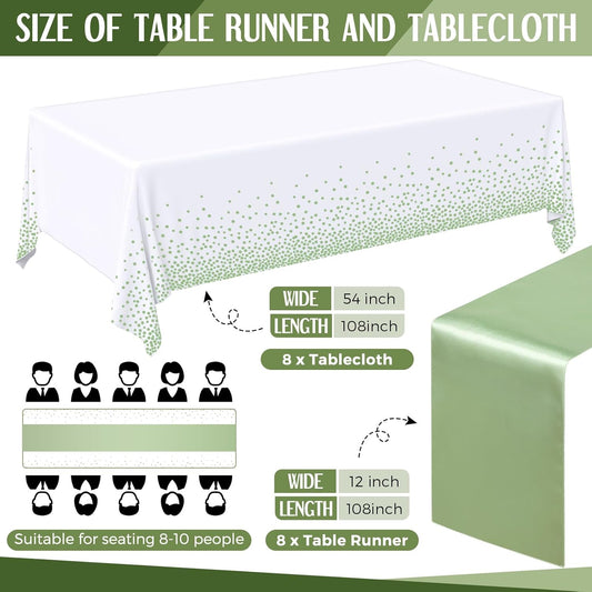 16 Pcs White and Sage Green Disposable Plastic Tablecloths and Satin Table Runner Set 54x108 Inch Tablecloth V1258-DP02-WO-123