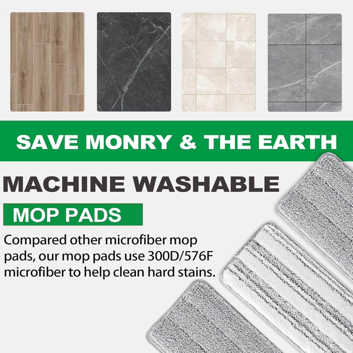 Flat Mop Pads, 3 Pack 13" X 4.9" Microfiber Mop Pad/Refill/Head, Mop Pads Washable Microfiber Squeeze V1258-DP02-WO-14