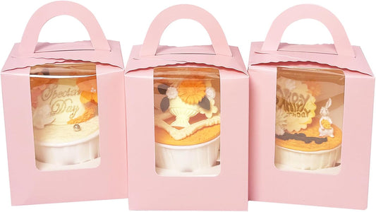 Auto-pop up Individual Cupcake Boxes with Window 25 Count Pink Single Cupcakes Box 3.7 x 3.7 x 4.3inch V1258-DP02-WO-140