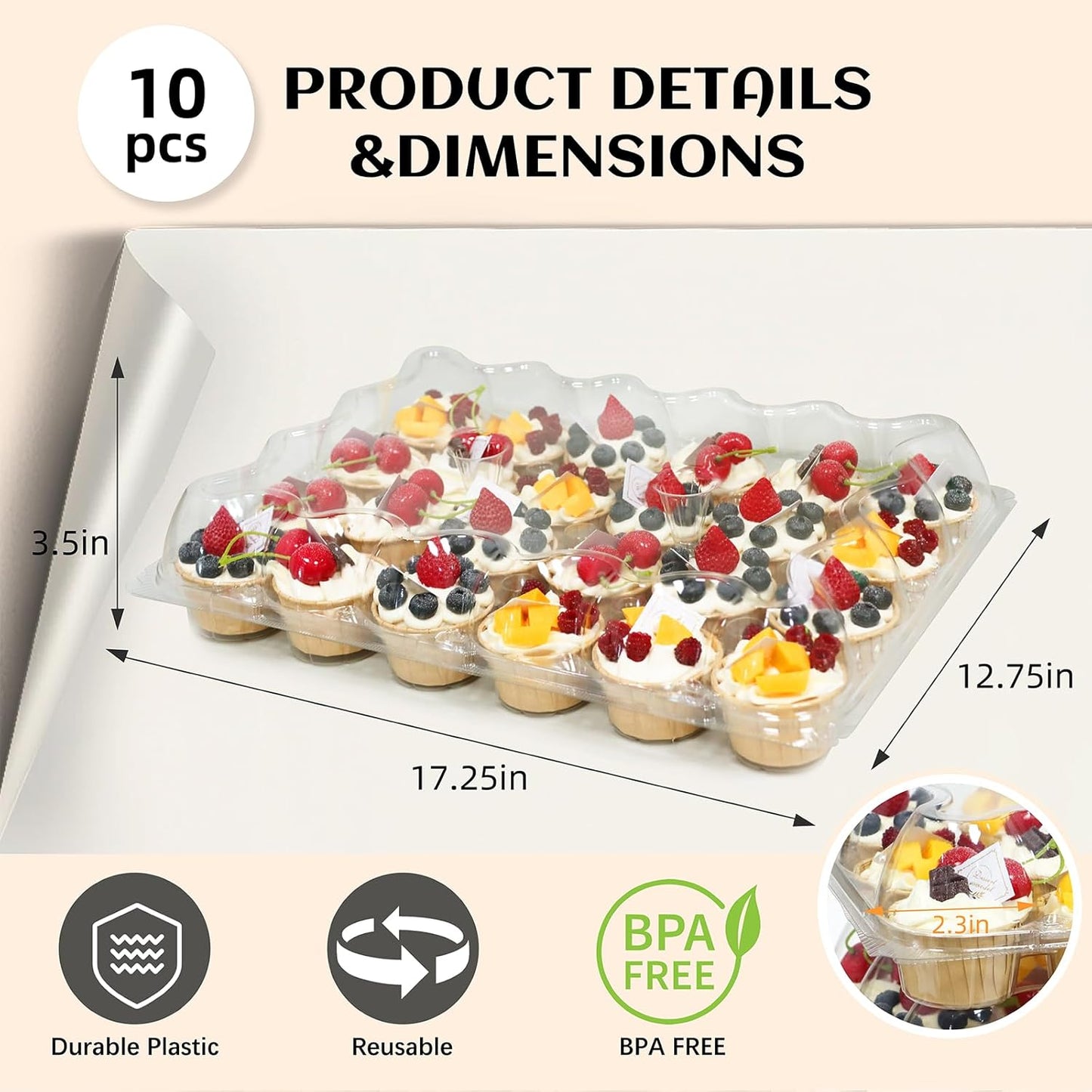 24 Count x 10 Sets Plastic Cupcake Containers, Durable and BPA-Free Cupcake Holder with Lid for Easy V1258-DP02-WO-142