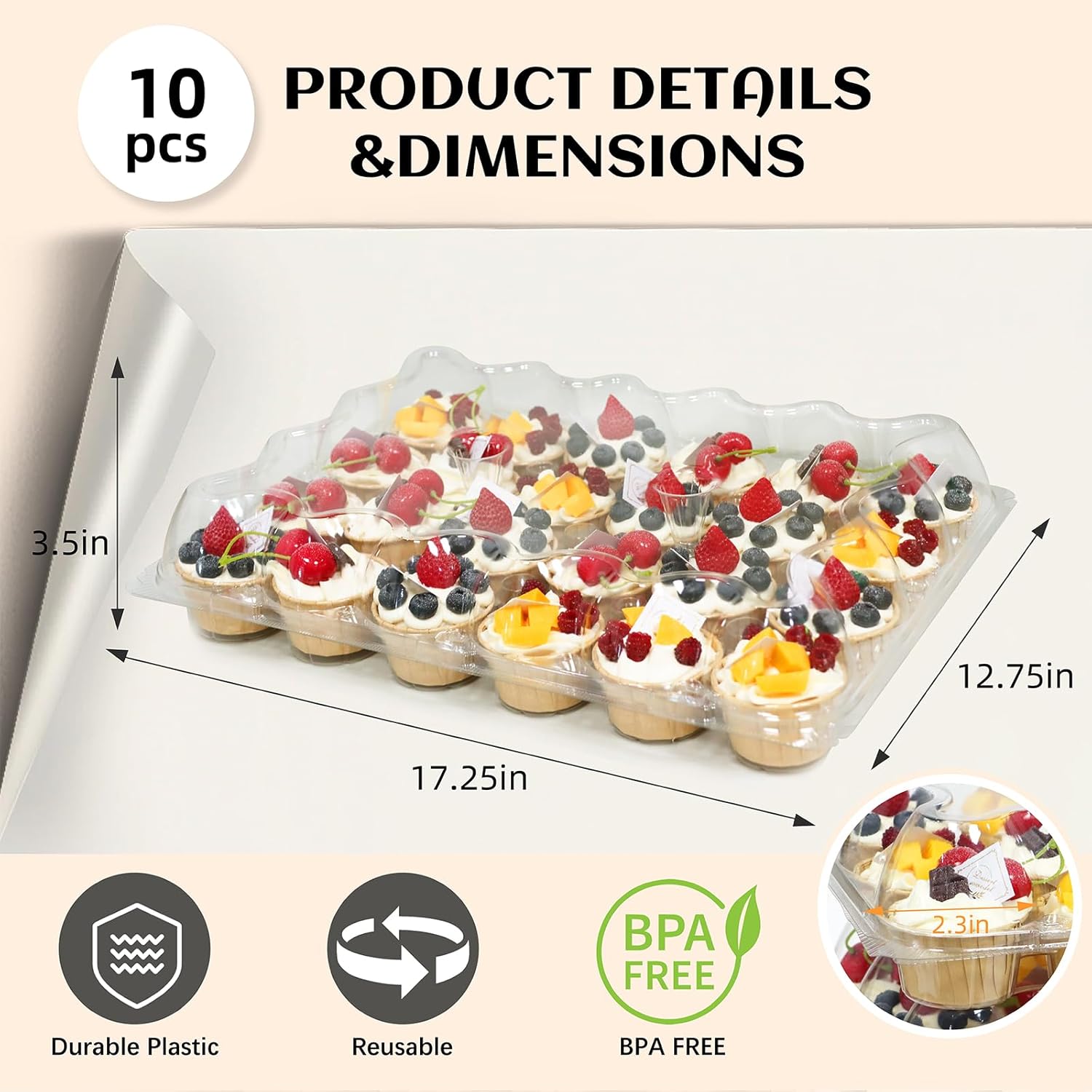 24 Count x 10 Sets Plastic Cupcake Containers, Durable and BPA-Free Cupcake Holder with Lid for Easy V1258-DP02-WO-142