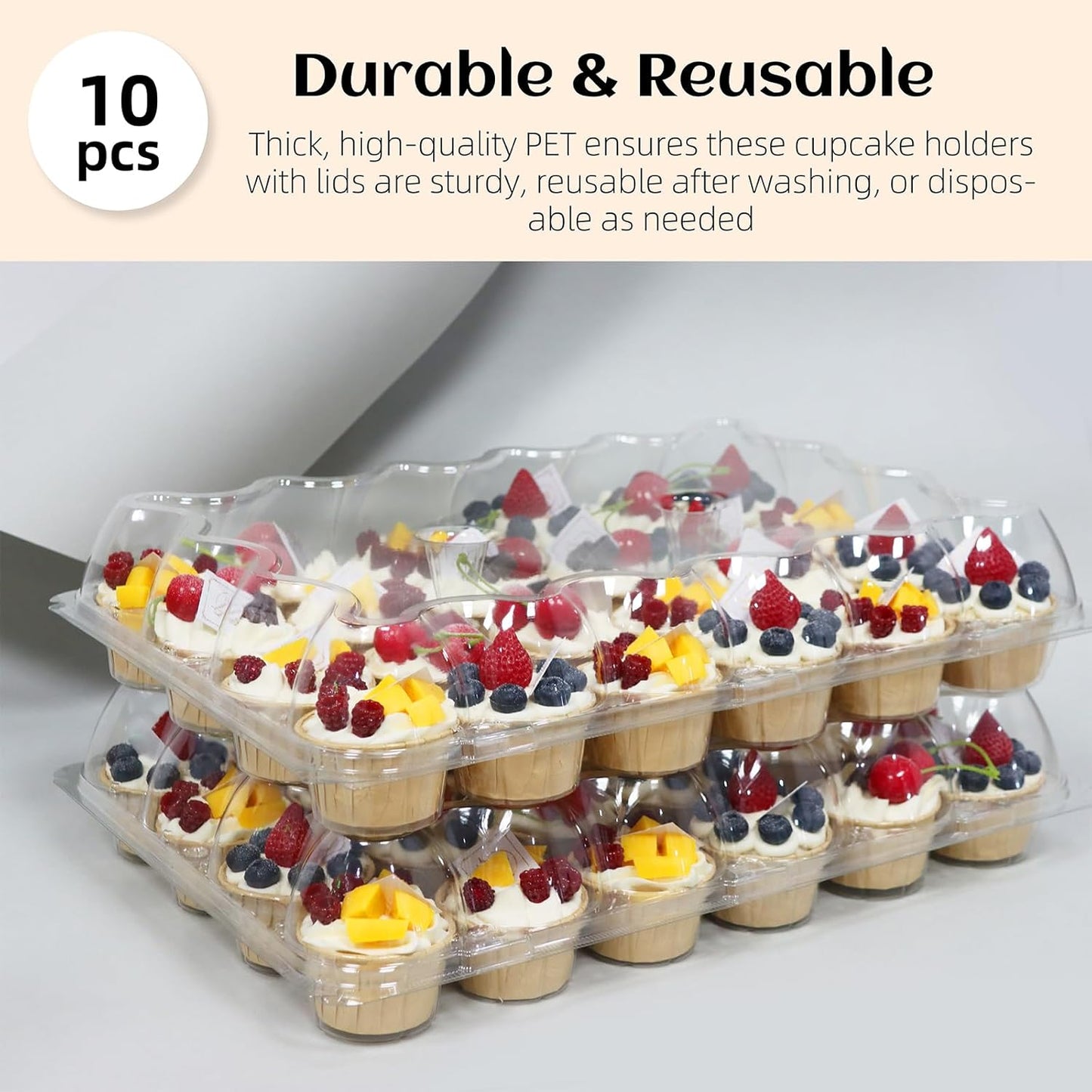 24 Count x 10 Sets Plastic Cupcake Containers, Durable and BPA-Free Cupcake Holder with Lid for Easy V1258-DP02-WO-142