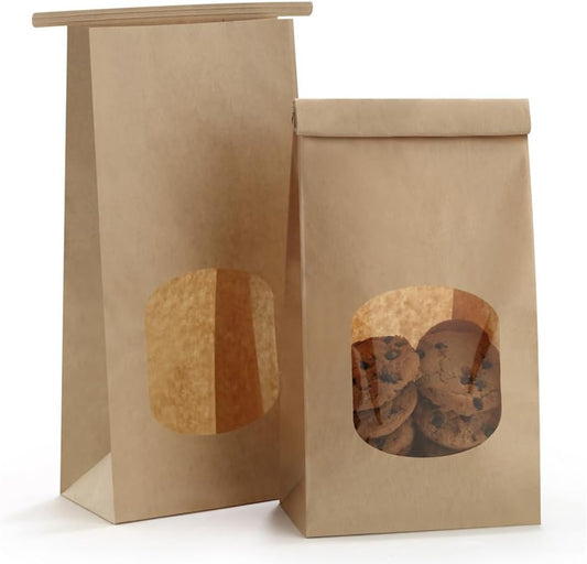 Bakery Bags with Window 100pcs 4.5x2.36x9.6 Inches Window Tin Tie Tab Lock Kraft Brown Paper Bags for Coffee V1258-DP02-WO-144