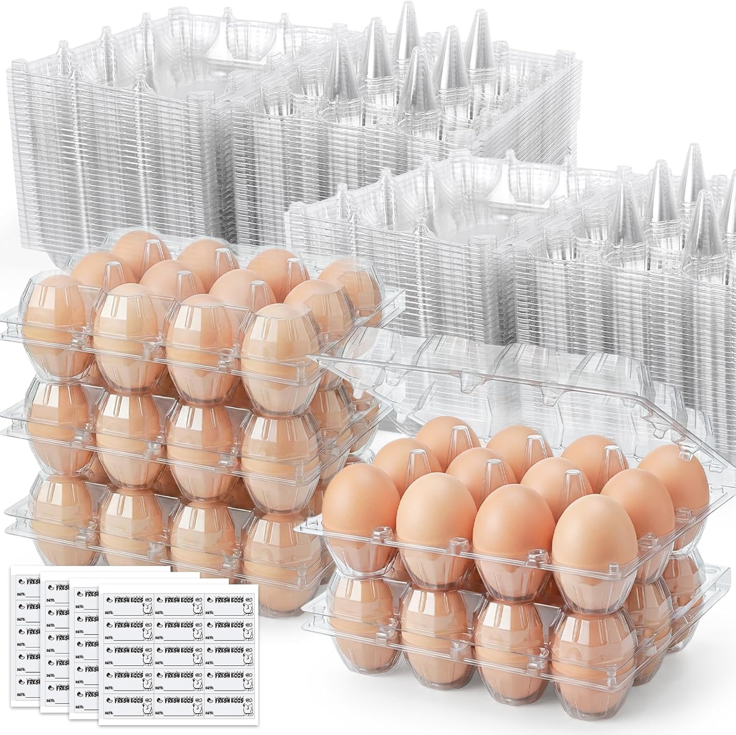 60 PCS 12 Count Plastic Egg Cartons, with 60PCS Date Labels, Clear Reusable Egg Containers Holds for Fresh V1258-DP02-WO-154
